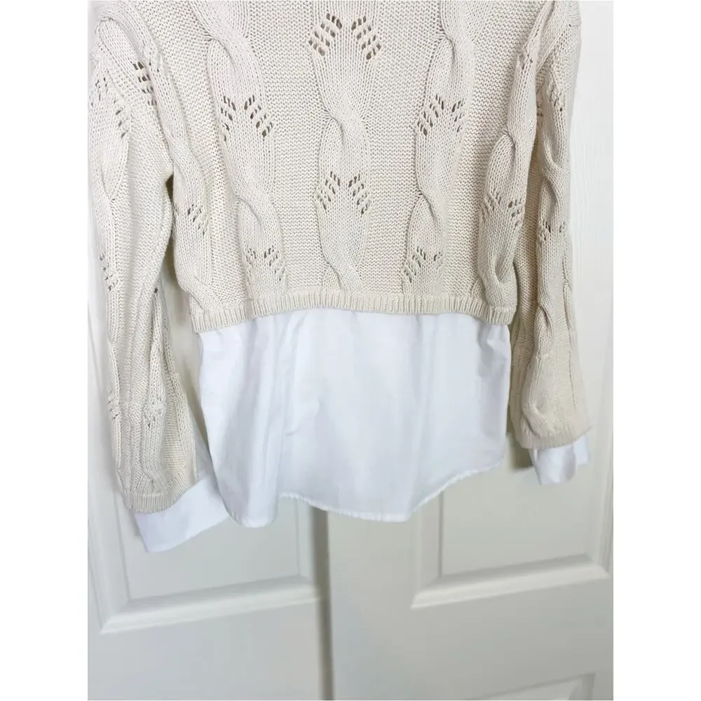 Anthropologie Pilcro Cable Knit Layered Two-Fer Sweater White Blouse Sz XXS